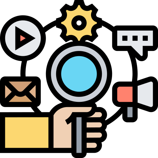 Icon depicting a magnifying glass over multiple symbols, symbolizing the assessment phase in cybersecurity hardening.